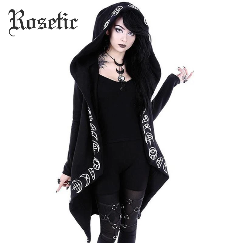Comprar Rosetic Hoodies góticos Casual Cool Chic negro de talla grande mujeres sudaderas holgadas algodón con capucha estampado liso mujer Punk Hoodies