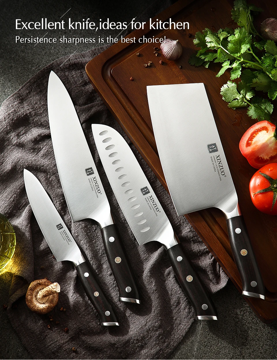 XINZUO 4 шт Секач шеф-повара Santoku набор ножей из высокоуглеродистой нержавеющей стали Din 1,4116 новые кухонные ножи с черной ручкой