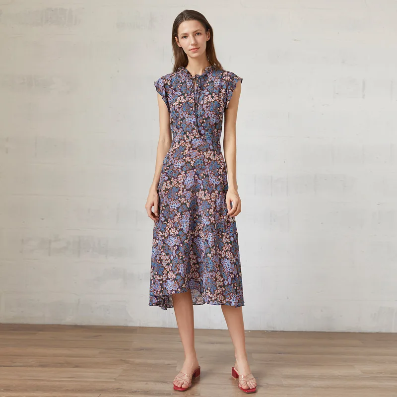 

silk dresses women natural 2020 spring summer purple grey floral casual sexy dress elegant slim plus size high quality fashion