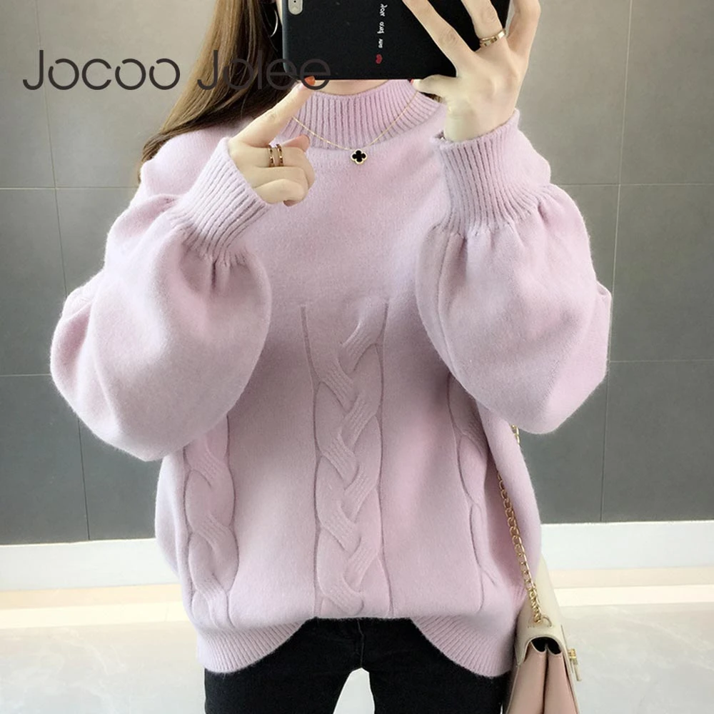 

Jocoo Jolee Women Casual Warm Thick Lantern Sleeve Turtleneck Loose Sweater Solid Korean Harajuku Sweater Retro Pullover Jumper