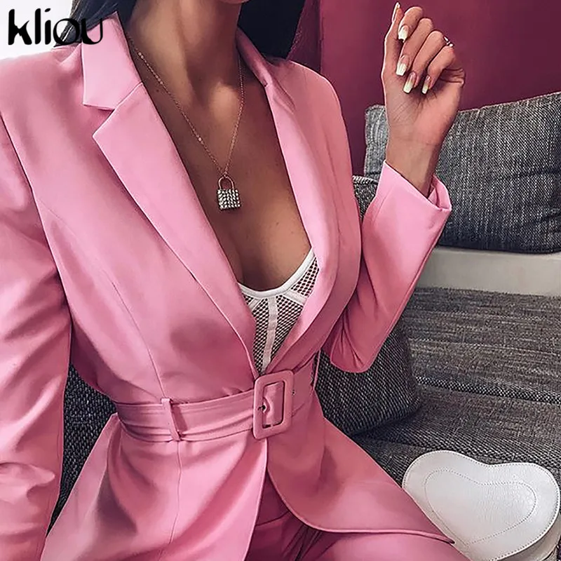 Kliou/женский модный комплект из двух предметов, уличная одежда, пальто с длинными рукавами, воротник с отложным воротником+ шорты с поясом, наряд, осенняя одежда - Цвет: Розовый