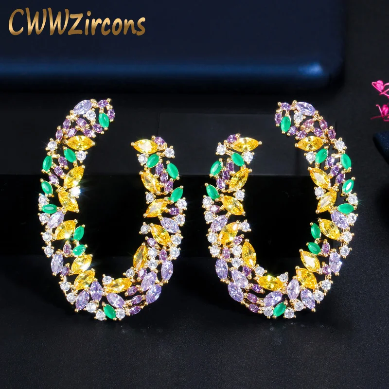 CWWZircons Luxury Unique Designer Multicolor Cubic Zirconia Big Round Drop Earrings Fashion Bohemian Femme Jewelry CZ694