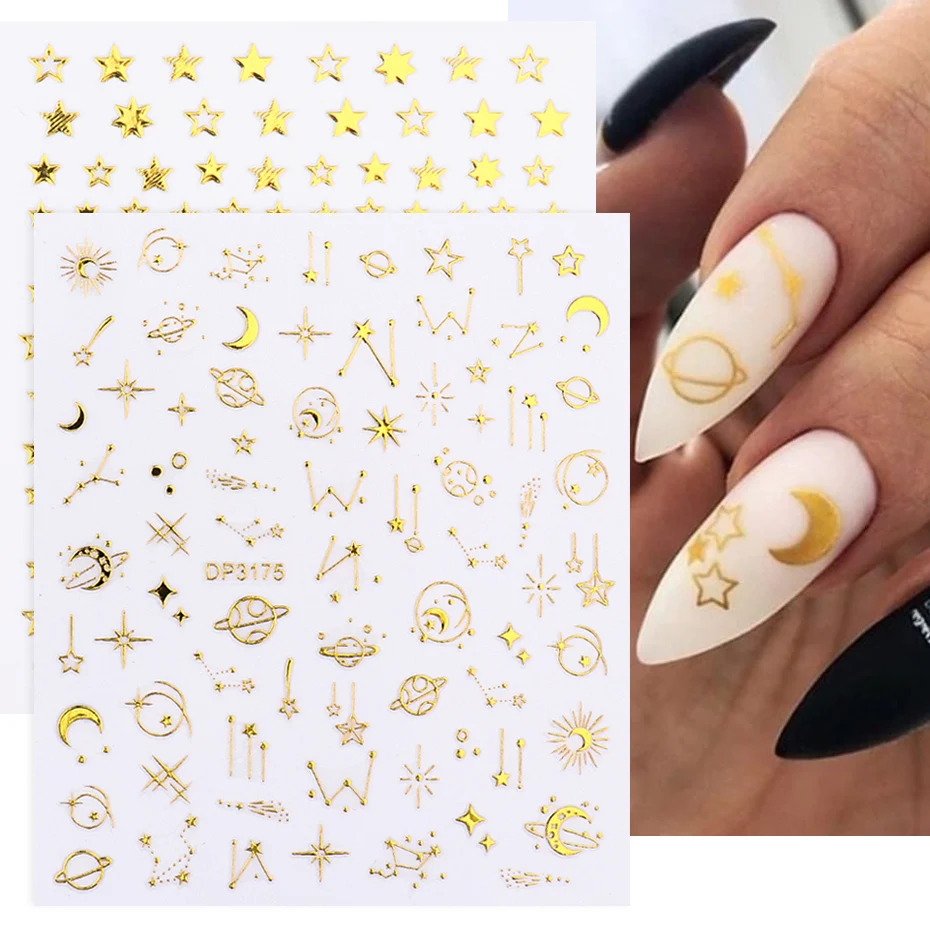 

Gold Nail Sticker Decals Star Moon Geometric Designs Nail Art Stickers Sliders Foils Decoration for Nails Manicure