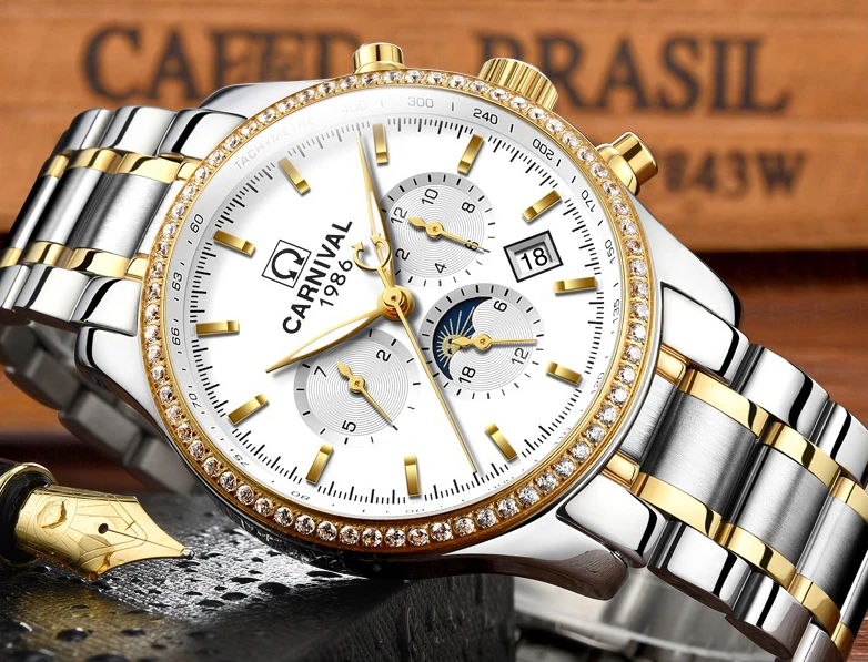 CARNIVAL Men's Watches Top brand luxury Multifunction Automatic Watch Men All steel Waterproof Mechanical Business Sport Watches