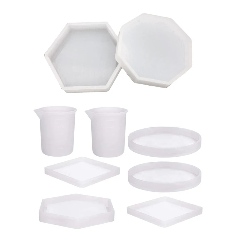 

9 Pcs Molds:7 Pcs Diy Silicone Coaster Resin Molds 5 Pack Epoxy Casting Molds with 2 Measurement Cup & 2 Pcs Geometric Design Co