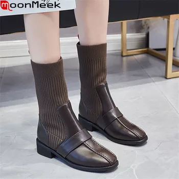 

MoonMeek 2020 New arrive genuine leather women boots med heels square toe ladies shoes winter 2 colors ankle boots size 35-40