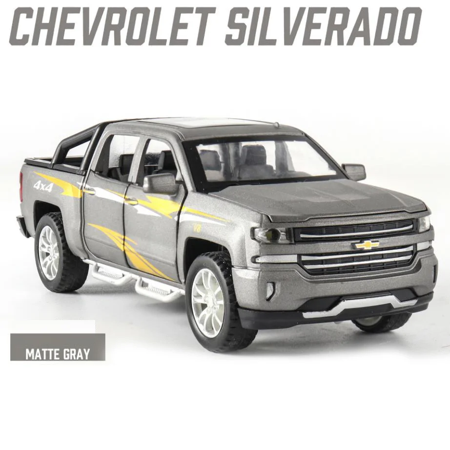 Горячая 1:32 Масштаб колеса 4x4 Chevrolet пикапа металлическая модель с светильник и звук silverado литья под давлением автомобиль вытяните назад игрушка Коллекция - Цвет: Серый