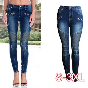 

New Black Motorcycle Biker Zip Jeans Women's Mid High Waist Stretch Denim Skinny Pants Motor Jeans For Women Plus Size 3XL