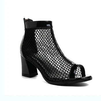 

Sexy Black Fishing Net Peep Toe Fish Mouth Roman Summer Frosted Leather Thick High Heels Women's Sandals