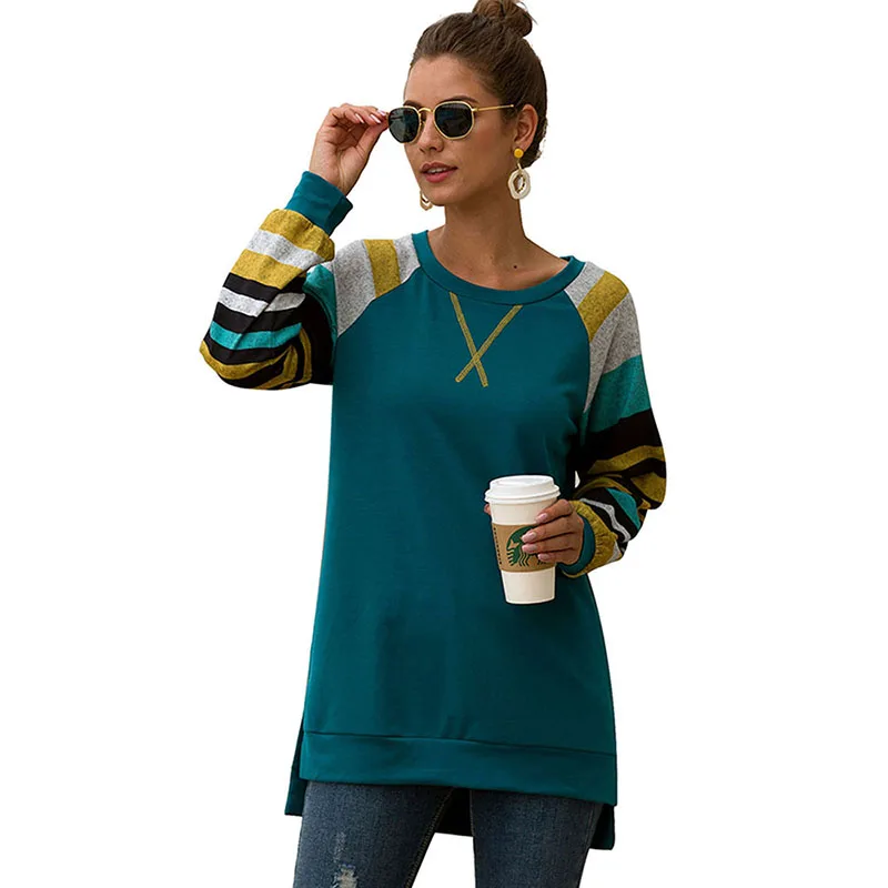 CINESSD полосатые Лоскутные Повседневные топы, женская футболка с круглым вырезом и длинным рукавом, Свободный пуловер с вышивкой, Асимметричная футболка-туника - Цвет: YellowBlackGreen