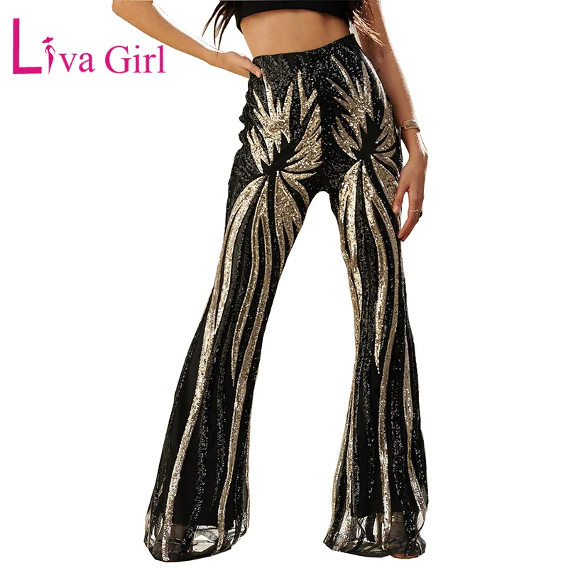 LIVA GIRL блестящие черные/абрикосовые женские брюки с блестками с высокой талией, женские расклешенные брюки с блестками для танцевальной вечеринки, широкие длинные штаны, S-XL