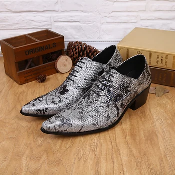 

Pointed Toe High Heel Pringting Leather Casual Shoes Men Business Party Dress Shoes Men's Height Increase Wedding Shoes 37-46