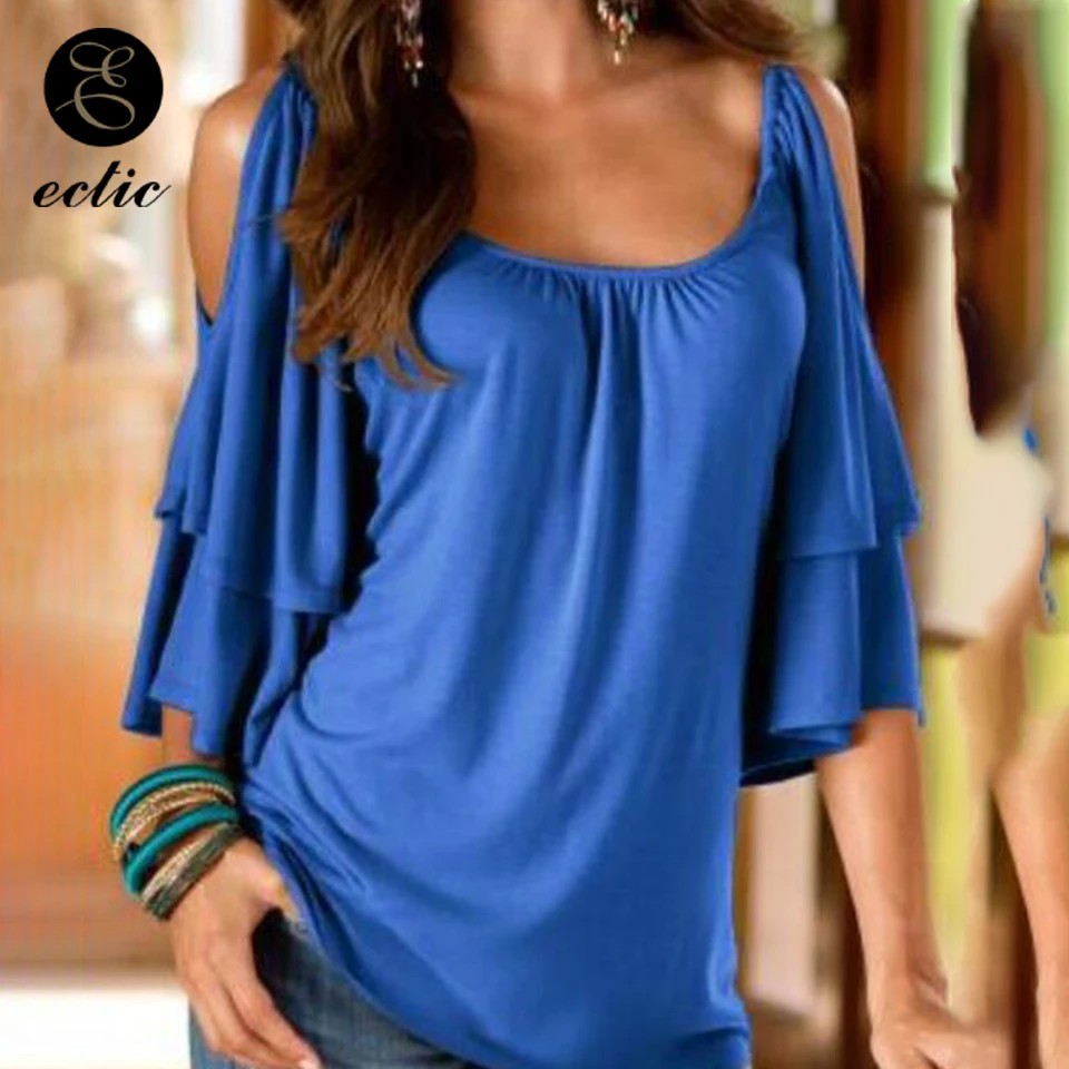 Ruffle Sleeve Top Double Layer Shirt Cold Shoulder Scoop Neck Pleated Milk Silk Slip Hipster T Women Solid Color Xxl|Футболки| |