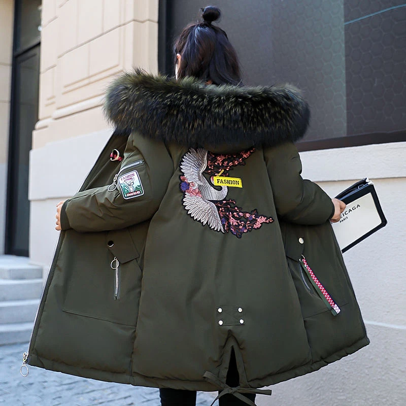 Зимняя куртка женская меховая парка с капюшоном длинные пальто с вышивкой зимнее пальто с хлопковой подкладкой женские теплые утолщенные куртки Feminina