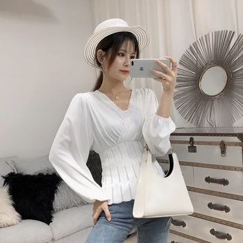 

V-neck Chiffon Blouse Shirt Women 2019 Summer Vintage Retro Casual Shirts Long Sleeve Roupa Feminina Female Clothing OO50CS