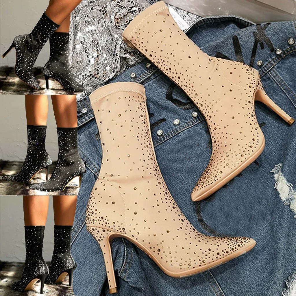 Women Autumn Winter Pointed Water Drill Slim High Heel Boots Sexy Elegant Boots shoes woman boots women zapatos de mujer