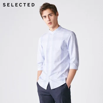 

SELECTED Men's Cotton Plaid Stand-up Collar Slim Casual Cropped Slim Fit 3/4 Sleeves Shirt S|419131505