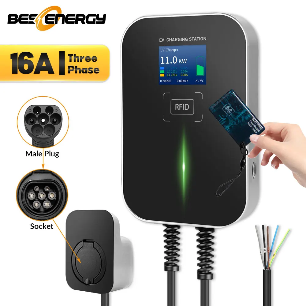 EVSC 16A 3 Phase EV Charger Cable Wallmount with RFID Electric Vehicle