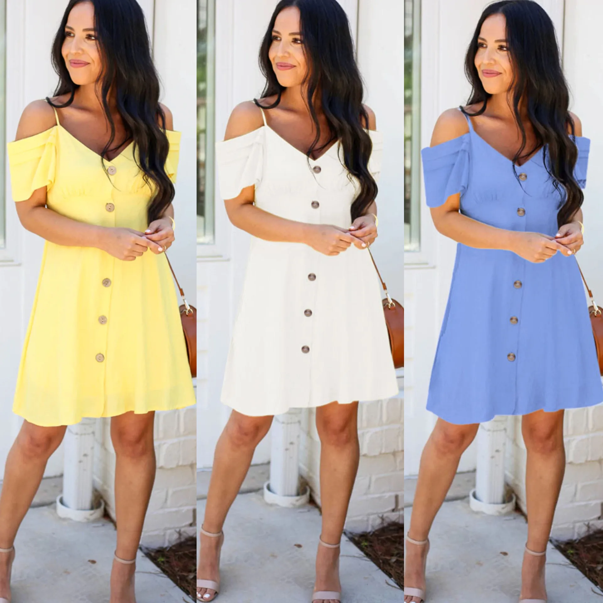 Женское платье до колена с открытыми плечами и пуговицами летнее короткими