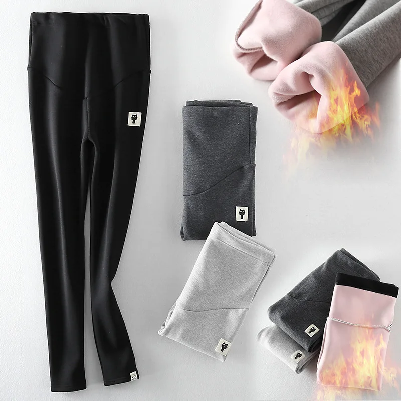 Autumn Winter Pregnant Thick Cashmere Legging Spliced Cat Elastic Black Gray Warm Pant Slim Blended Cotton Pants For Maternity