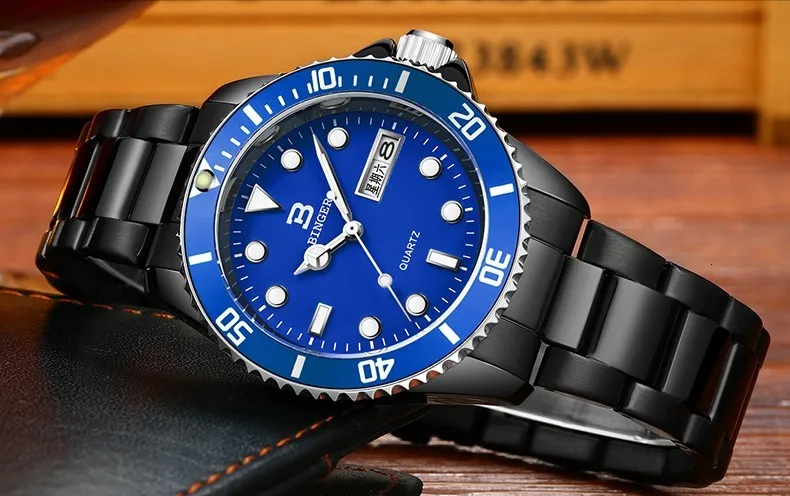 Новые часы Бингер для плавания спортивные часы для мужчин кварцевые часы с большим циферблатом стальные водонепроницаемые наручные часы Супер Светящиеся B-9203M
