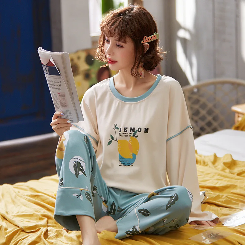 

X4821 # Lettered Lemon Pullover LZ Long Sleeve Korean-style Sweet Pajamas Tracksuit Piece Series