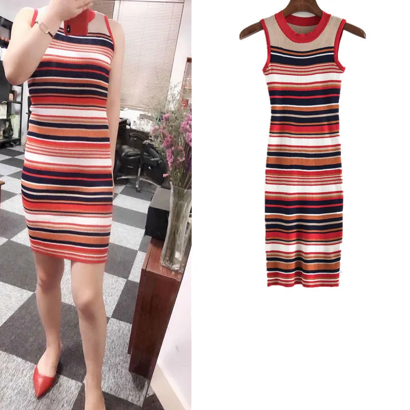 

2018 Amoi Products in Europe And American Style Slim Fit Elasticity Stripes Knitted Midi Skirt Women's Sleeveless Crew Neck Dres