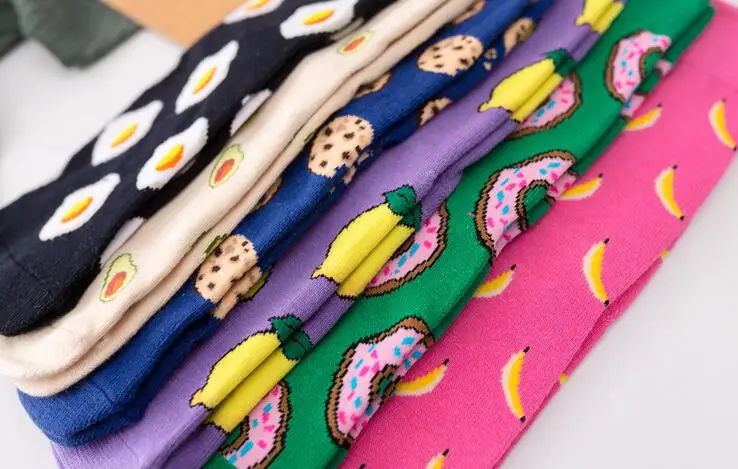 Women Socks Funny Cute Cartoon Fruits Banana Avocado Lemon Egg Cookie Donuts Food Happy Japanese Harajuku skateboard Socks