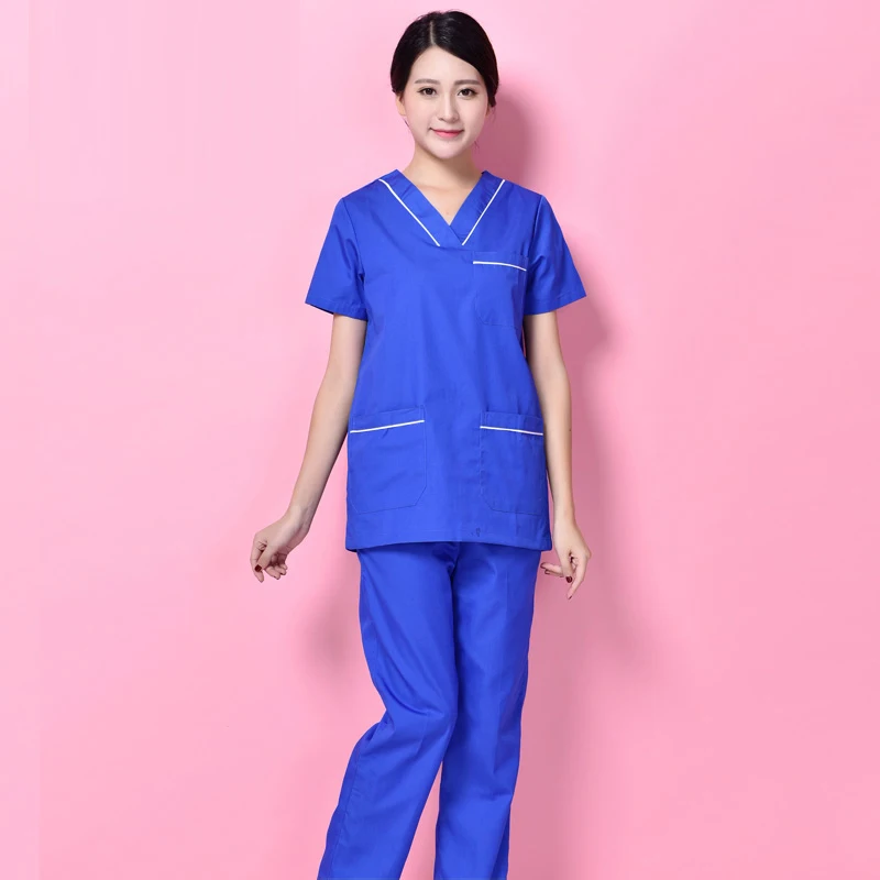 sapphire blue SET Размер Plug, S-4XL, скраб, набор для женщин, цвет, блокирующий, хлопок, v-образный вырез, рубашка с боковым шлицем и прямые брюки, медицинская форма - Цвет: sapphire blue SET