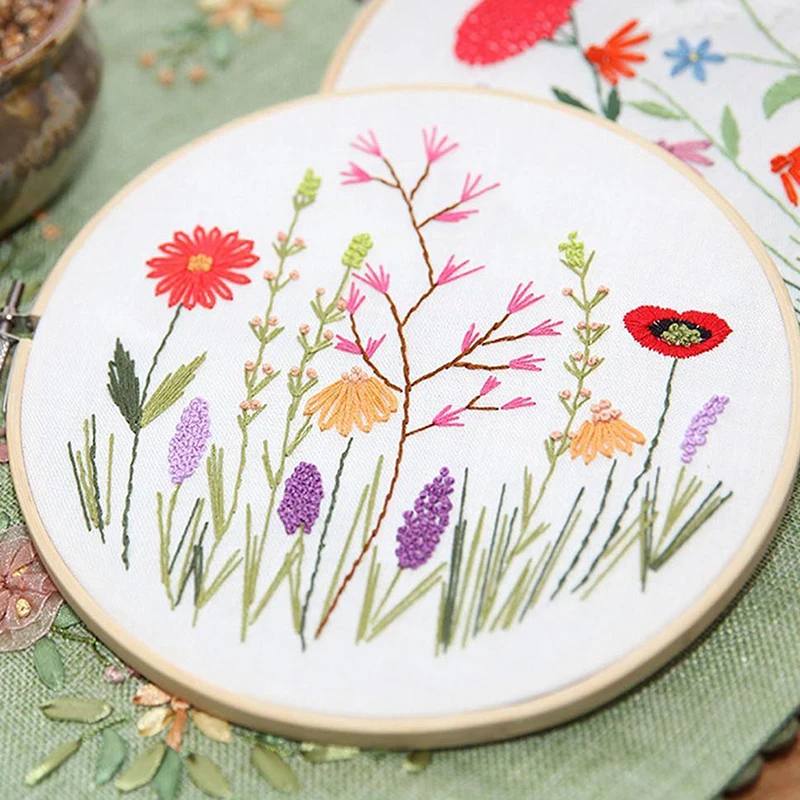 DIY Flower Plants Pattern Embroidery Kit Needlework Tool Print Beginner Material Round Hoop Cross Stitch Kits Sewing Crafts Sets