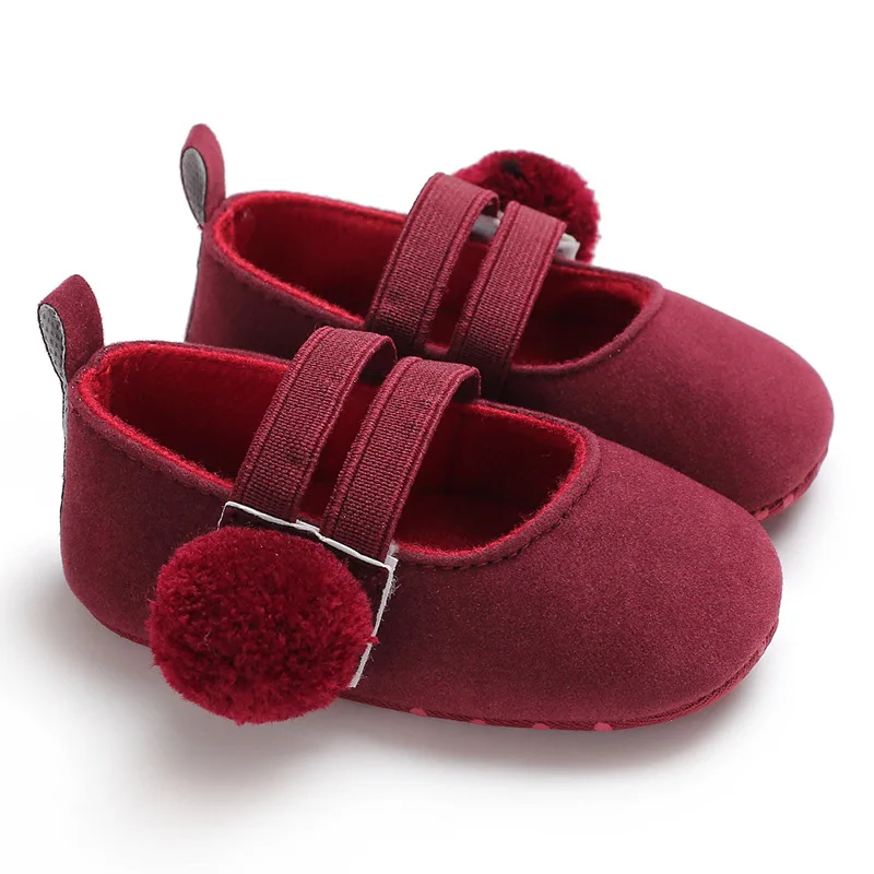 Новая Осенняя детская обувь для девочек, однотонная, милая, с пушистыми помпонами, на липучке, с мягкой нескользящей подошвой, хлопковая обувь для малышей - Цвет: Jujube