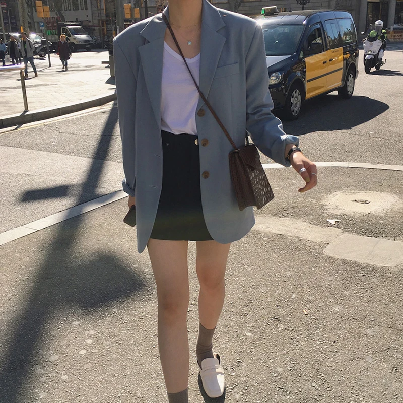 

Women Solid Blue blazer Long Sleeve Single-breasted Women Jacket chaqueta mujer Loose Korean style Ladies Outerwear