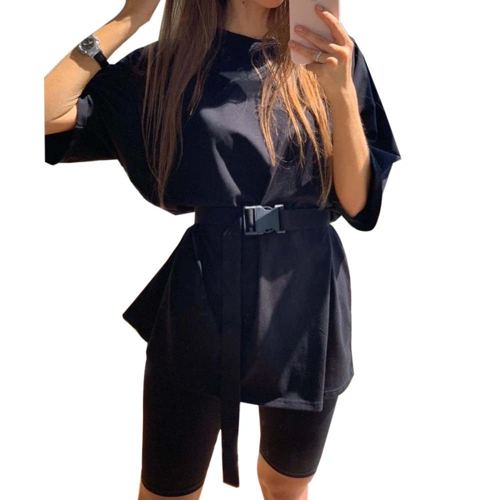 2020 Women Two Piece Set O Neck Loose Short Sleeve Tee Shirt with Belt And Biker Shorts Gym Sets Casual Summer Tracksuit Outfit