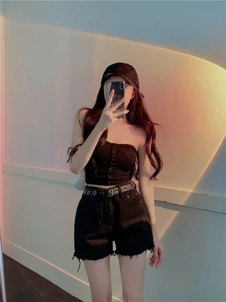 Chinese summer new style personality black short hair edge wide leg show thin jeans A-line pants with belt shorts women