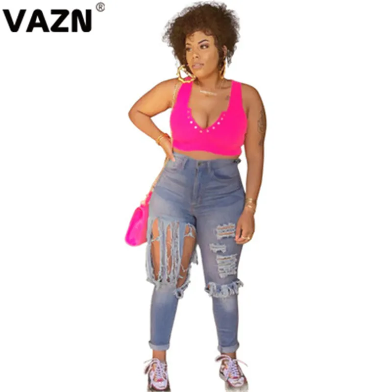 Light blue VAZN SY002 Плюс Размер Возраст снижение энергии высокой уличной перенапряжения отверстие Сексуальная умная Мода Bodycon женские длинные брюки-карандаш, джинсы - Color: Light blue