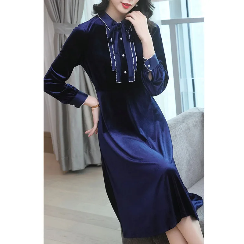 

Gold Velvet Dress Women's Long-Sleeve Models in Europe And America Nobility Western Style Mid-length Elegant Slimming Shirt Dres