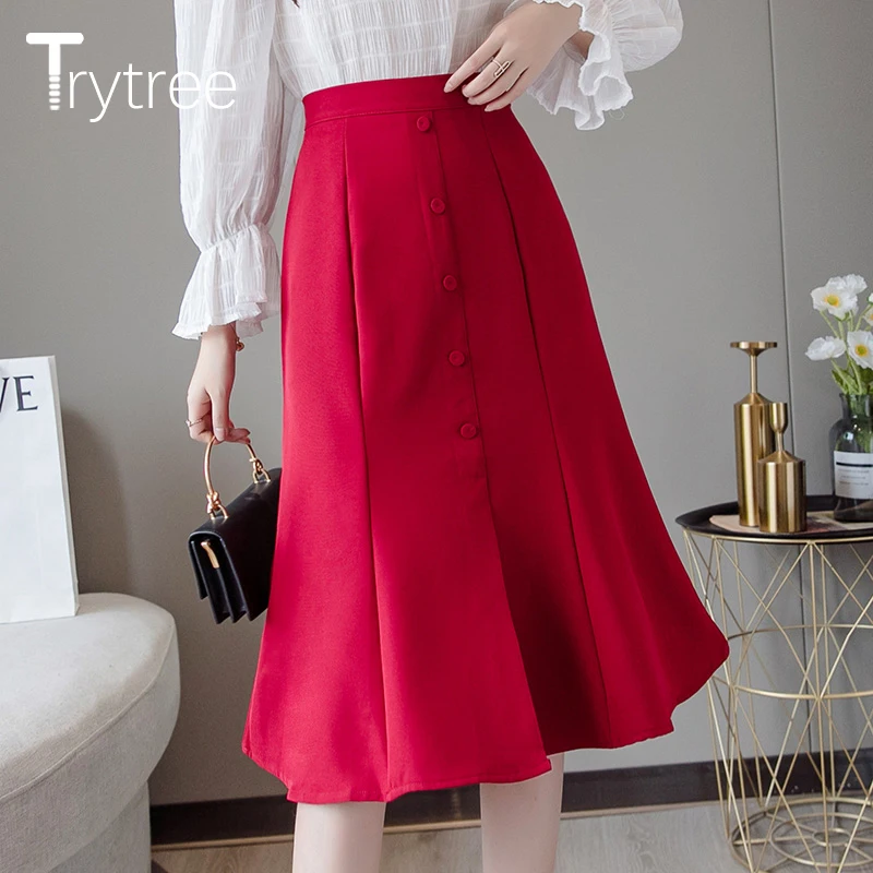 

Trytree Autumn Winter Womens Casual Skirt Solid Polyester High Waist Zipper Button A-Line Fashion Mid-Calf Office Lady Skirt