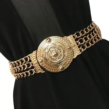 

Fashion Women Lady Elastic Wide Belt Gold Metal Chain Waist Straps
