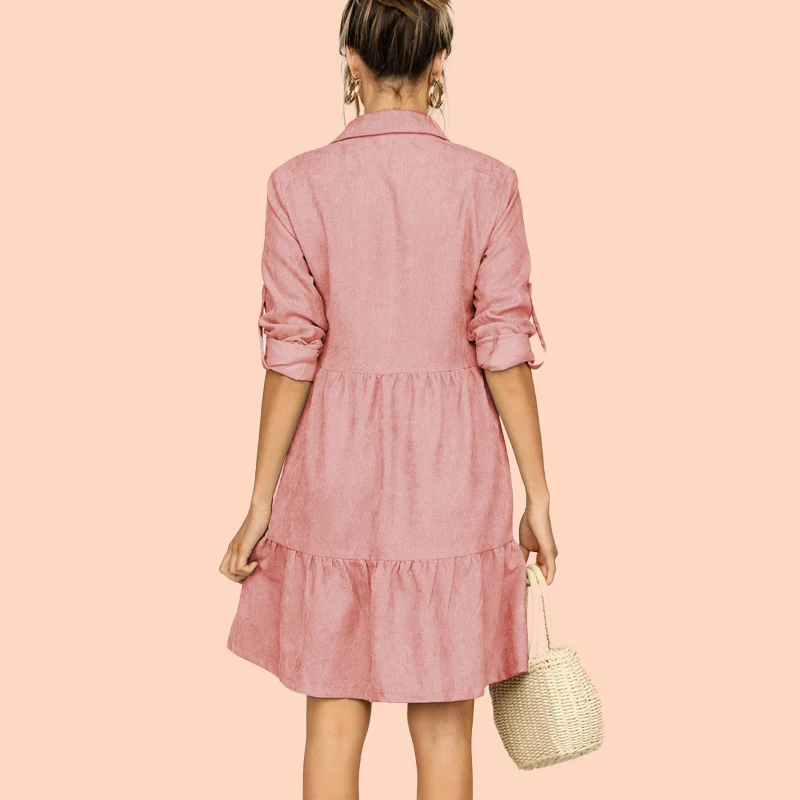 Tanie Koszula sukienka z długim rękawem odzież damska jesienno zimowa sukienka przycisk skręcić w dół kołnierz damska linia mini impreza sukienka 2019 Vestidos