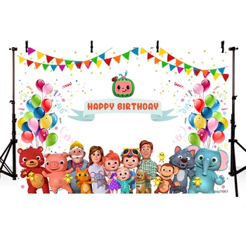 

Cocomelon Family Photography Backdrop Kids Birthday Photo Background Flag Balloons Vinyl Photo Props