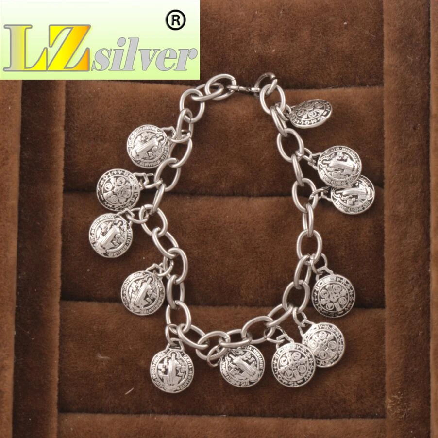 Saint St Benedict Medal Charm Bracelets Stainless Steel Chains Bracelet 7" 7.5" 8" 8.5" BC01 Tibetan Silver