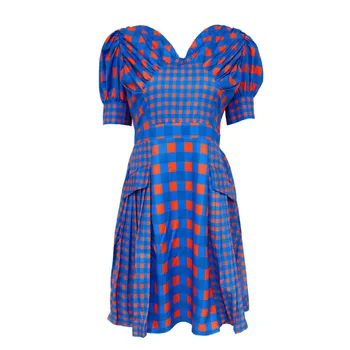 

New Fashion 2019 Autumn Dress Women Sexy Off Shoulder Short Sleeve Plaid Color Block Pleated Mini Dress