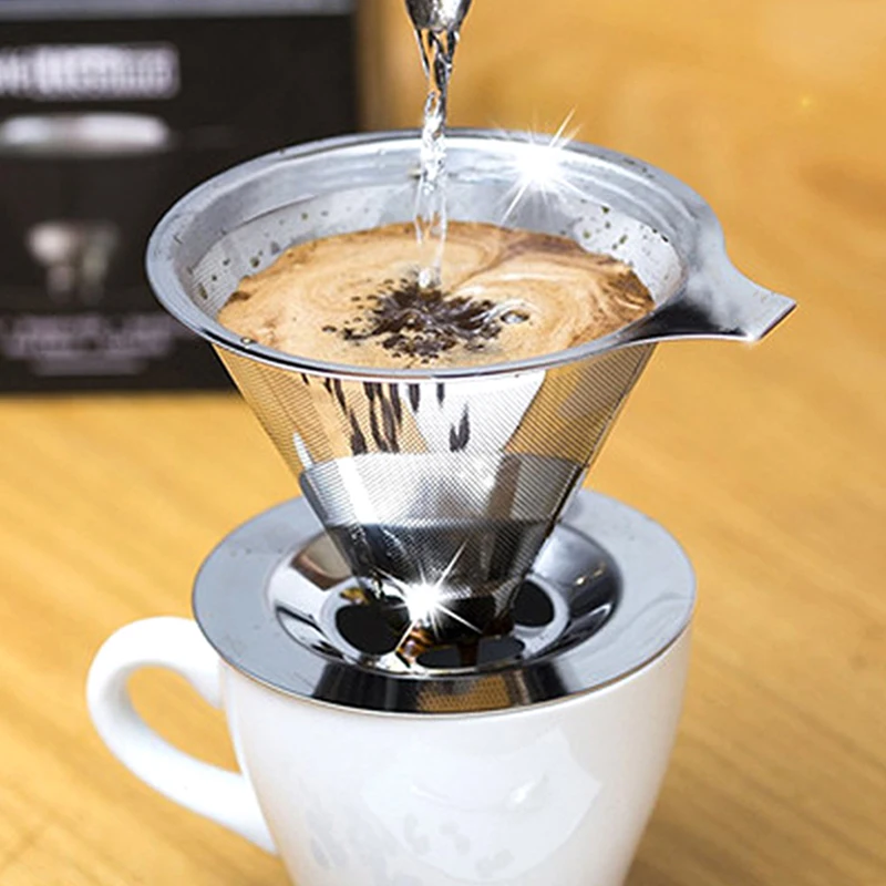 Stainless Steel Pour Over Coffee Dripper Filter Metal Cone Reusable For