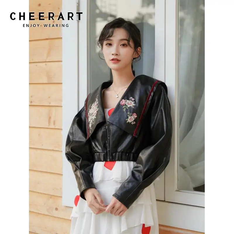 Чирарт вышивка укороченный кожаный жакет для женщин матросский воротник Свободная Осенняя короткая куртка черные женские пальто Корейская одежда