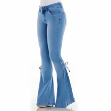 Сексуальные расклешенные джинсы с высокой талией, ретро синие расклешенные узкие джинсы, модные женские растягивающиеся джинсовые брюки на шнуровке