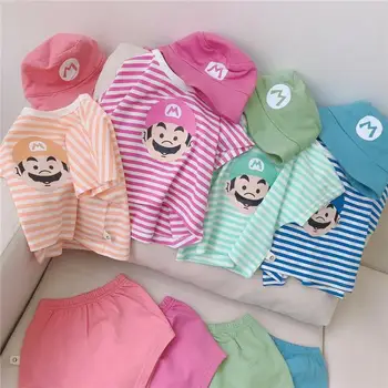 

2020 Baby Girl Clothes Set Kids Cartoon Short Sleeve T Shirt + Pp Shorts + Hat Outfits 3pcs Summer Baby Boy Striped Clothes Sets