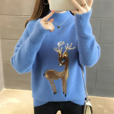 turtleneck sweater Милый свитер с корейским оленем, Уродливый Рождественский свитер для женщин, зимние теплые свитера, пушистый кашемировый джемпер, водолазка, пуловер - Цвет: turtleneck sweater
