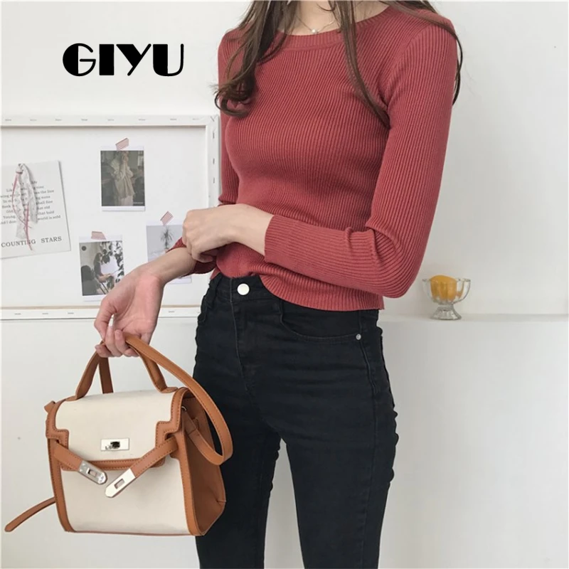 

GIYU Round Neck Ribbed Knitted Sweater Autumn Winter Solid Skinny Jumpers Casual Long Sleeve Pullover trico femme hiver