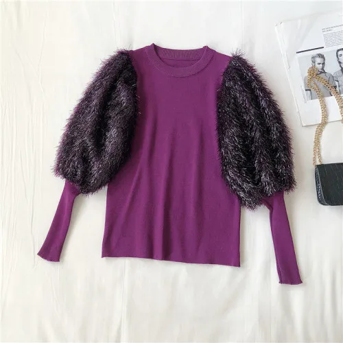 purple Neploe Autumn Bright Patchwork Pullovers Pull Long Sleeve Elegant Sweaters Women Knitwear Fashion Slim Sueter Mujer 56082 - Цвет: purple