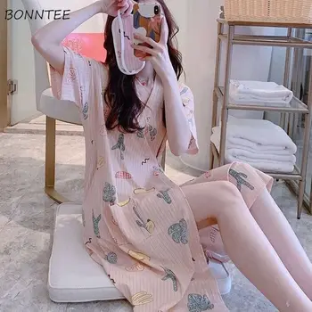 

Robes Women Summer Lovely Cute Pregnant Cartoon Chic Korean Daily Preppy Girls Night Gown Oversize 3XL Elegant Womens Sleepwear